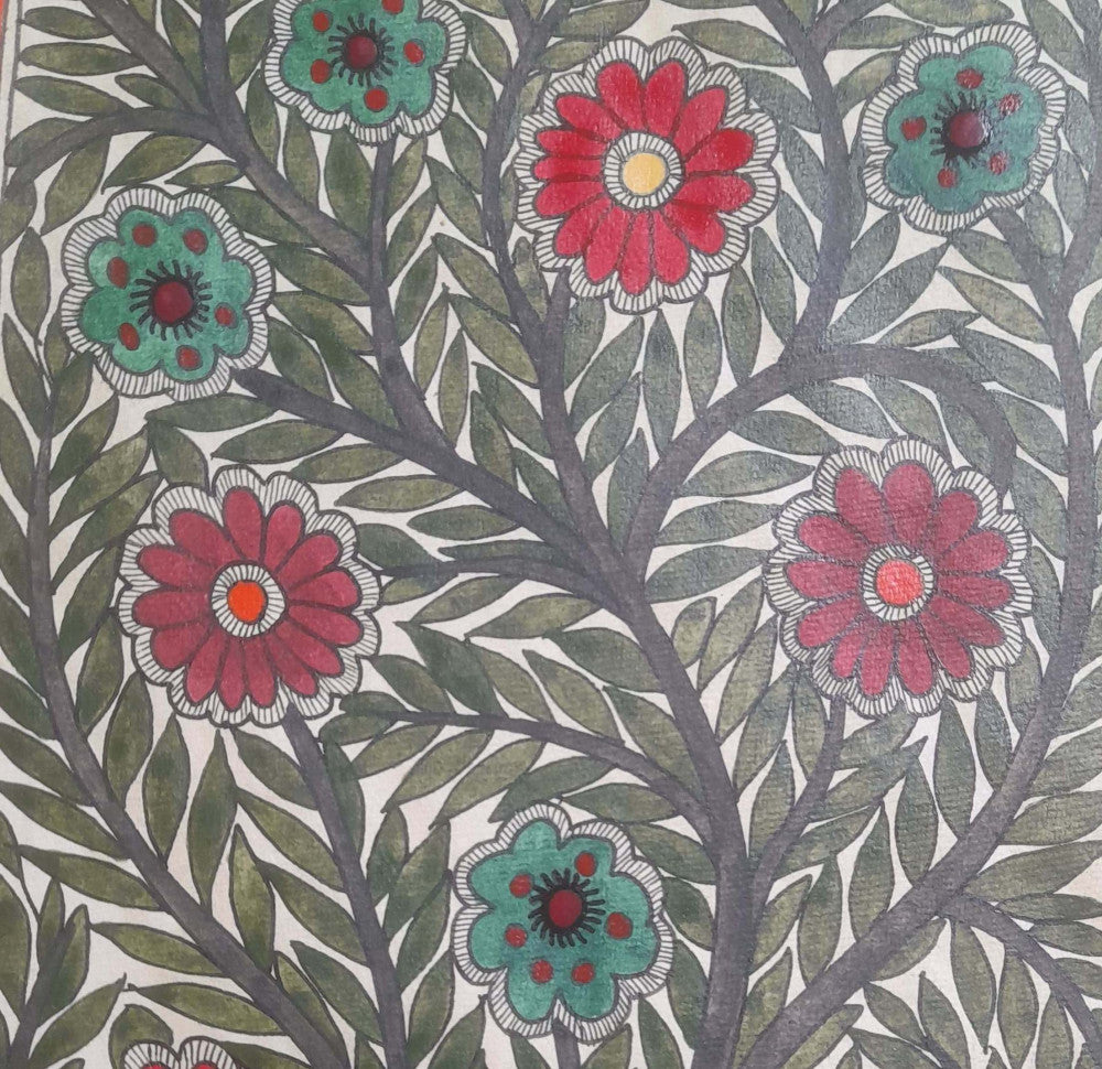 Traditional Madhubani Painting: Multicolored Floral Designs on Khadi Paper with Natural Paints