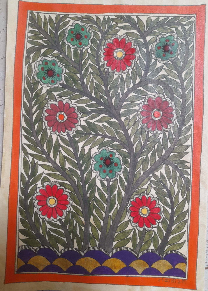 Traditional Madhubani Painting: Multicolored Floral Designs on Khadi Paper with Natural Paints