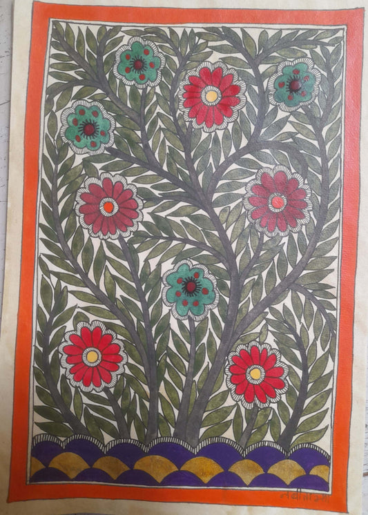 Traditional Madhubani Painting: Multicolored Floral Designs on Khadi Paper with Natural Paints