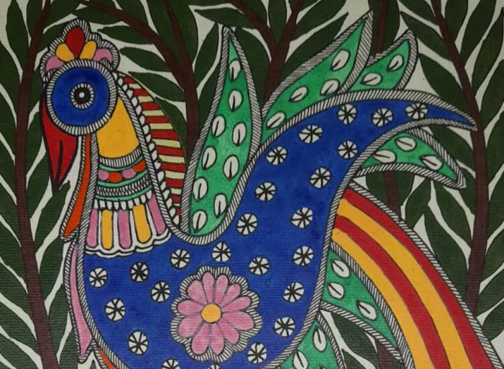 Traditional Madhubani Painting of a Bird in the Forest on Khadi Paper