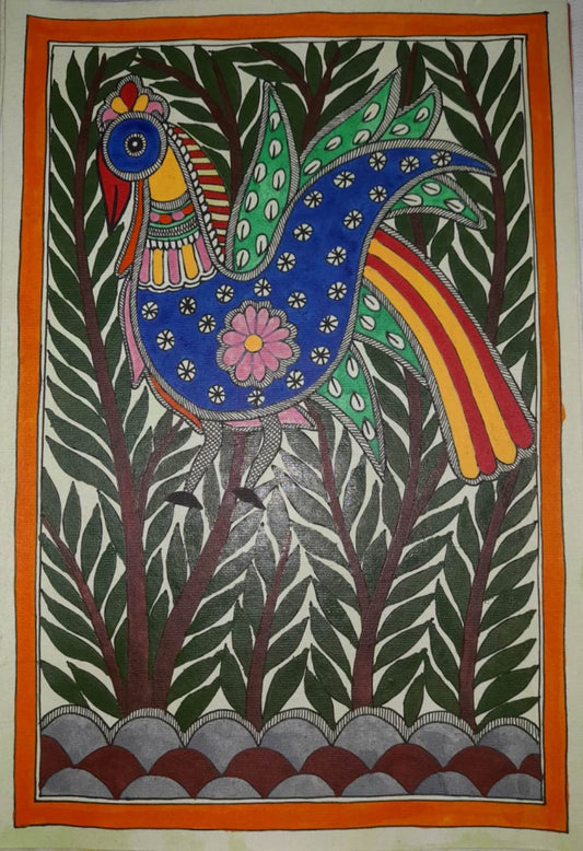 Traditional Madhubani Painting of a Bird in the Forest on Khadi Paper