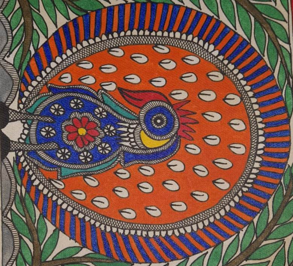 Traditional Madhubani Painting of a Dancing Peacock in the Forest on Khadi Paper