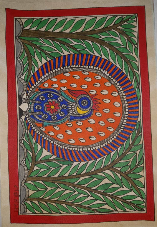 Traditional Madhubani Painting of a Dancing Peacock in the Forest on Khadi Paper