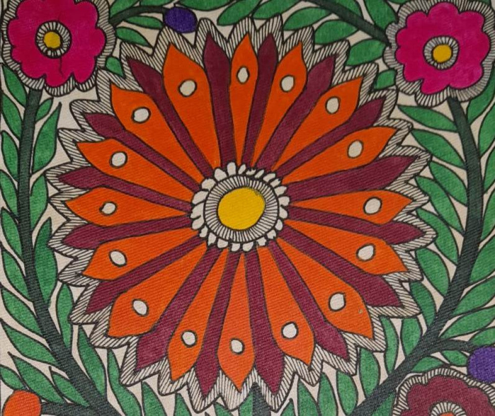 Traditional Madhubani Painting of a Large Multi-Colored Flower on Khadi Paper