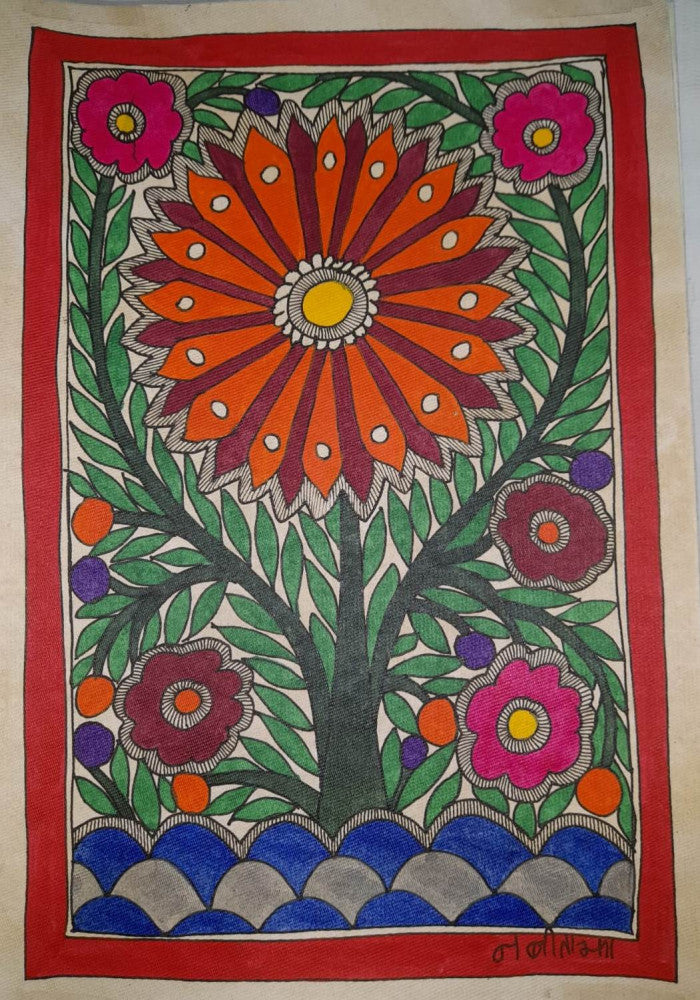 Traditional Madhubani Painting of a Large Multi-Colored Flower on Khadi Paper
