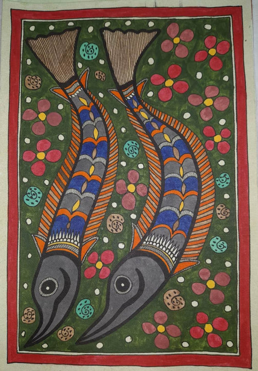 Traditional Madhubani Painting of a Pair of Fish on Khadi Paper