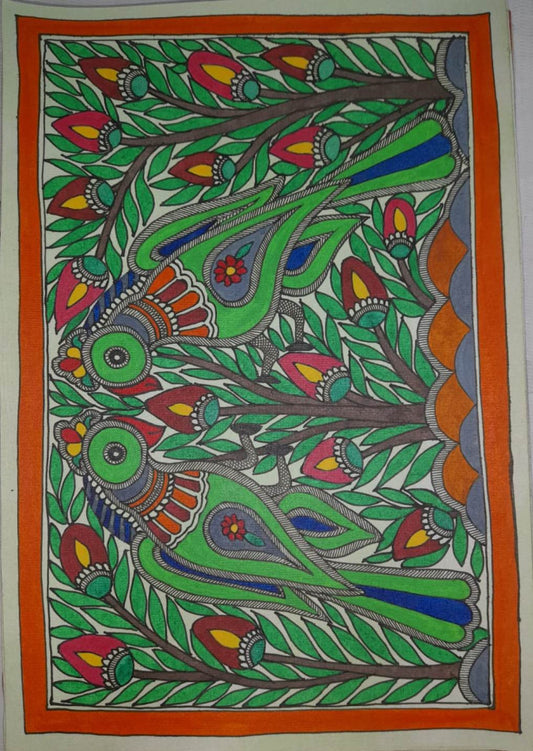 Traditional Madhubani Painting of a Pair of Parrots on Khadi Paper