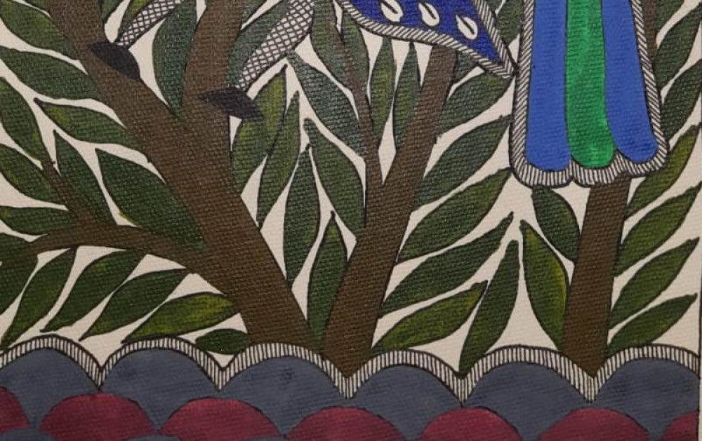 Traditional Madhubani Painting of a Yellow Bird in the Forest on Khadi Paper