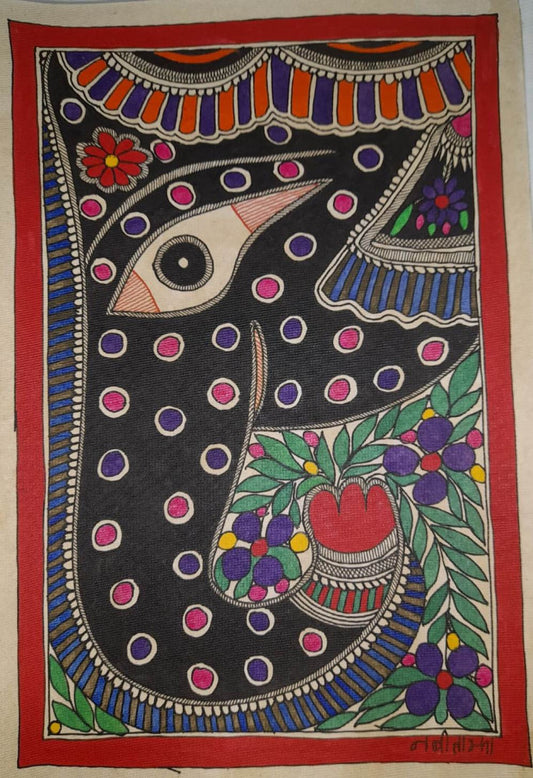 Traditional Madhubani Painting of an Elephant Face on Khadi Paper