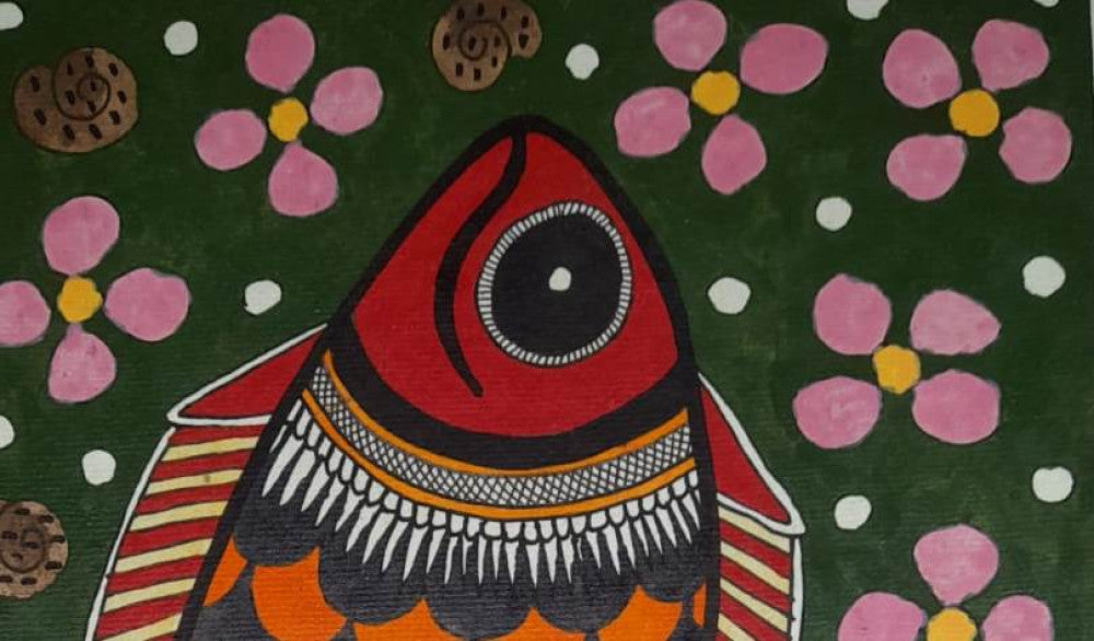 Traditional Madhubani Painting of an Orange and Black Fish on Khadi Paper