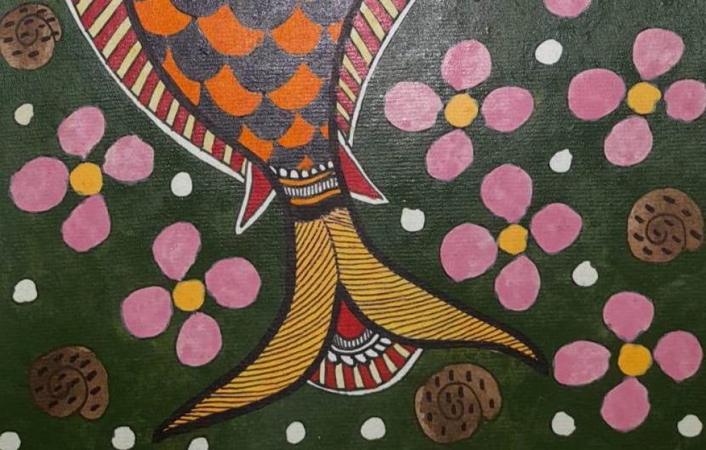 Traditional Madhubani Painting of an Orange and Black Fish on Khadi Paper