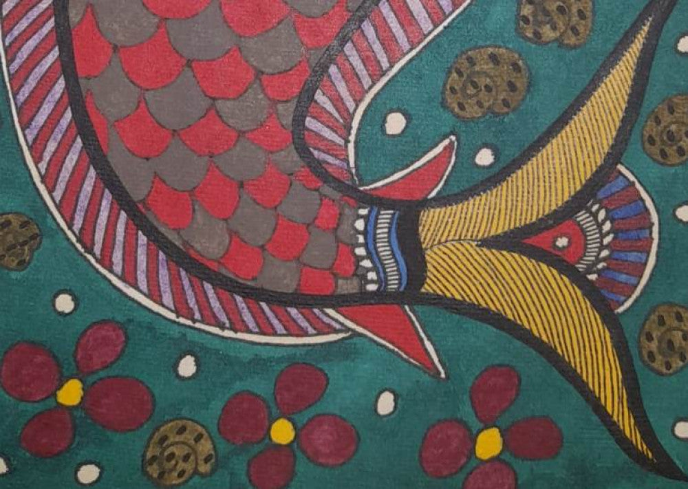 Traditional Madhubani Painting of an Orange Fish on Khadi Paper