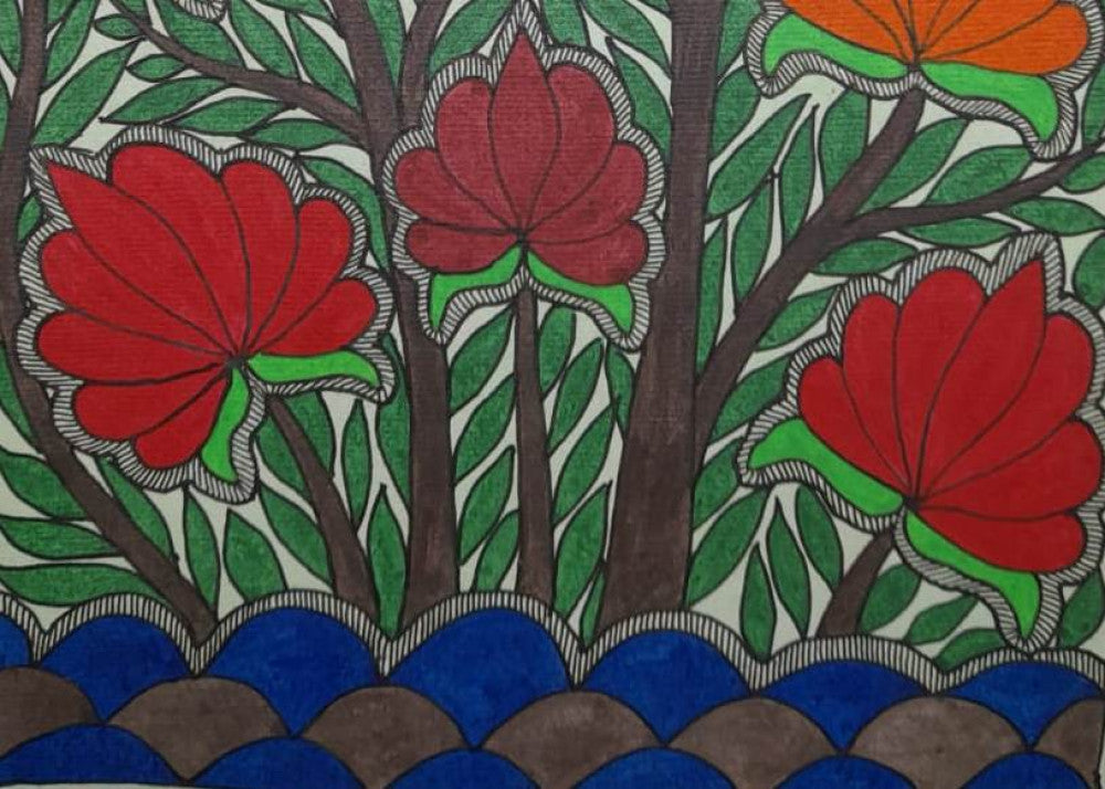 Traditional Madhubani Painting of Orange and Red Flowers on Khadi Paper