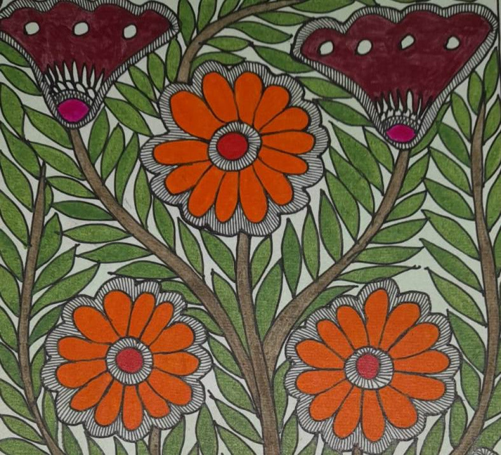 Traditional Madhubani Painting: Orange and Pink Flowers on Khadi Paper