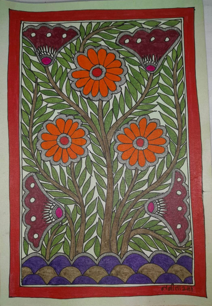 Traditional Madhubani Painting: Orange and Pink Flowers on Khadi Paper