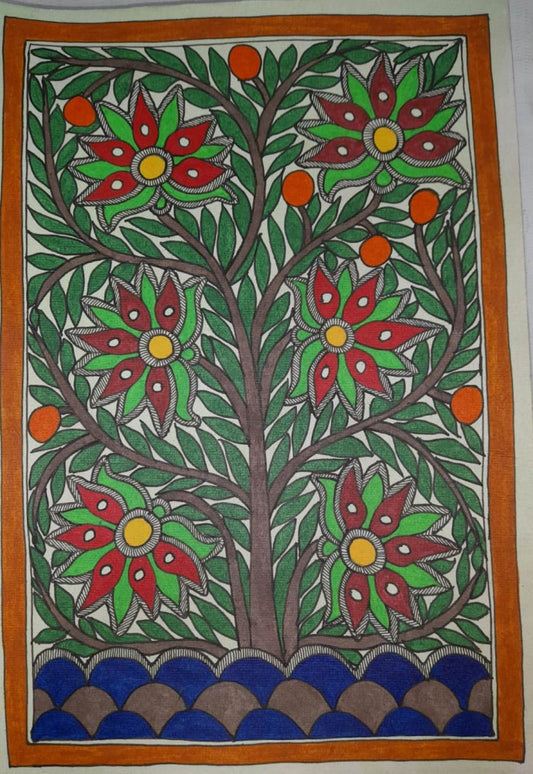 Traditional Madhubani Painting with Multi-Colored Flowers on Khadi Paper