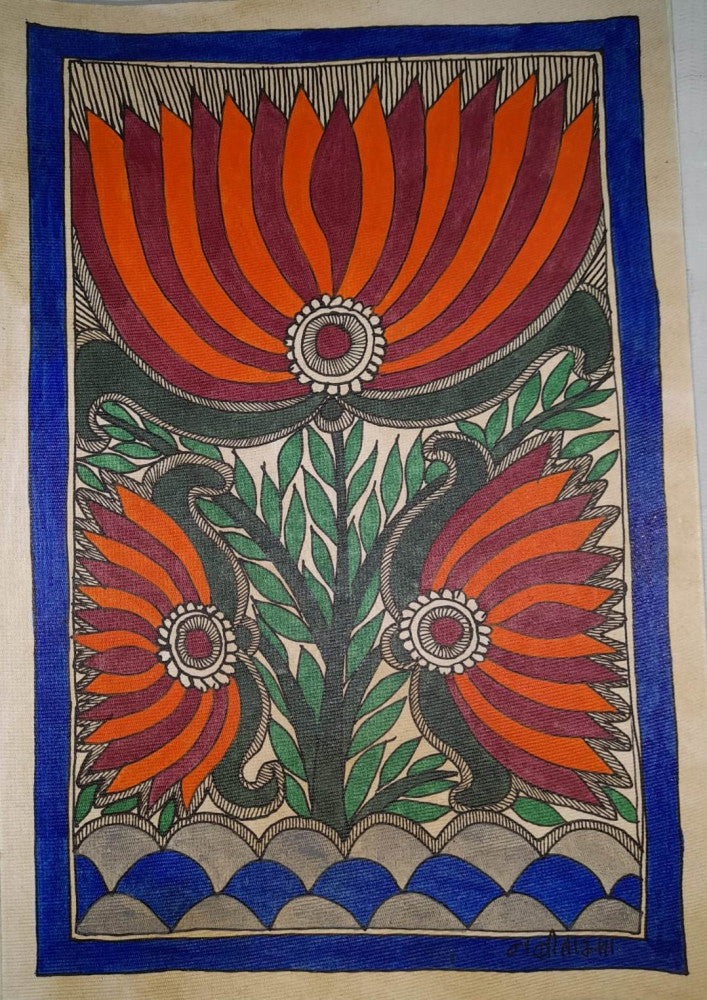 Traditional Madhubani Painting with Multi-Colored Lotus on Khadi Pape
