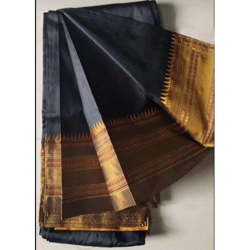 Traditional Narayanpet Handloom Woven Strips Black Golden Colour Mulberry Silk Saree