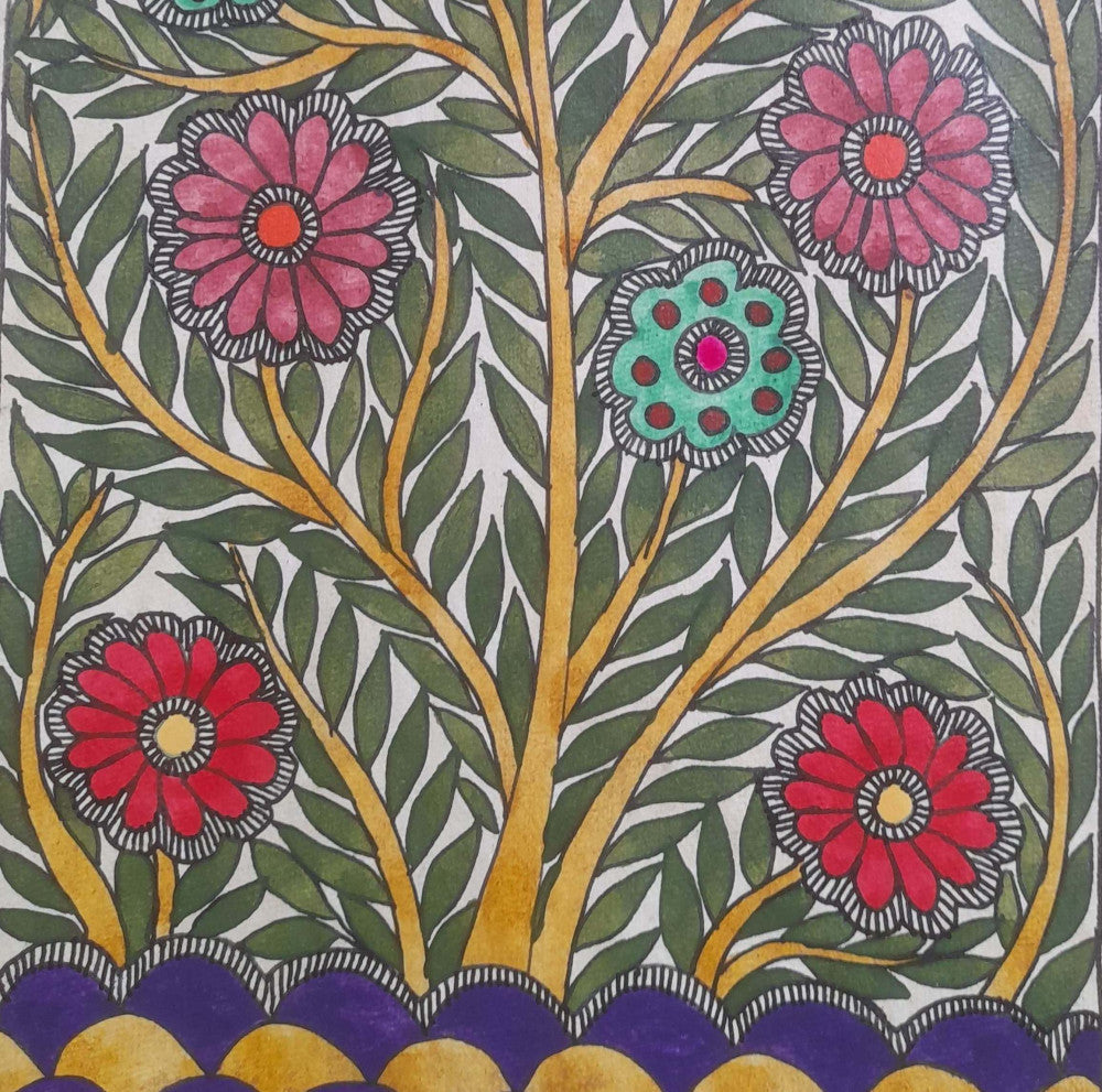 Traditional Vibrant Floral Madhubani Art on Khadi Paper