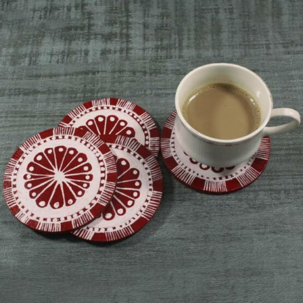 Uttarakhand Aipan Art on Wood Coasters – Set of 6