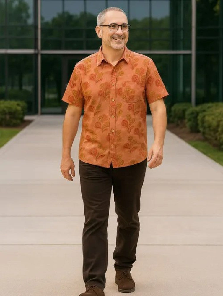 Vanaspati Block Printed Cotton Men's Half Sleeves Shirt - Orange