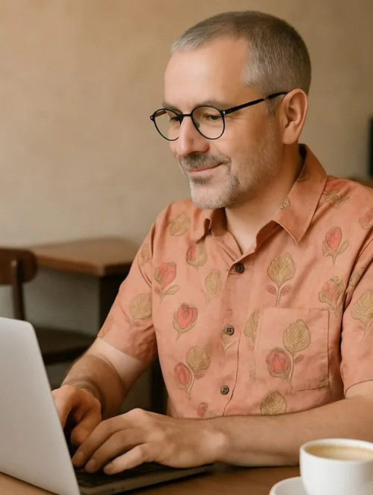 Vanaspati Block Printed Cotton Men's Half Sleeves Shirt - Orange