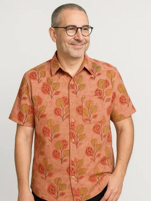 Vanaspati Block Printed Cotton Men's Half Sleeves Shirt - Orange