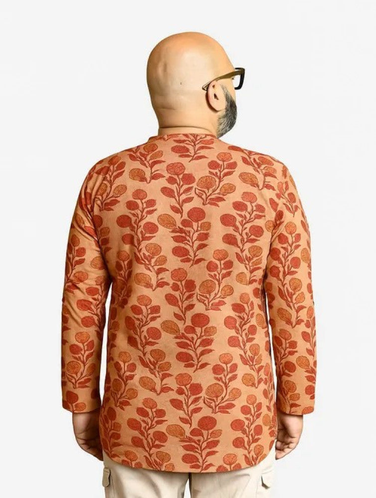 Vanaspati Block Printed Cotton Men's Short Kurta - Orange