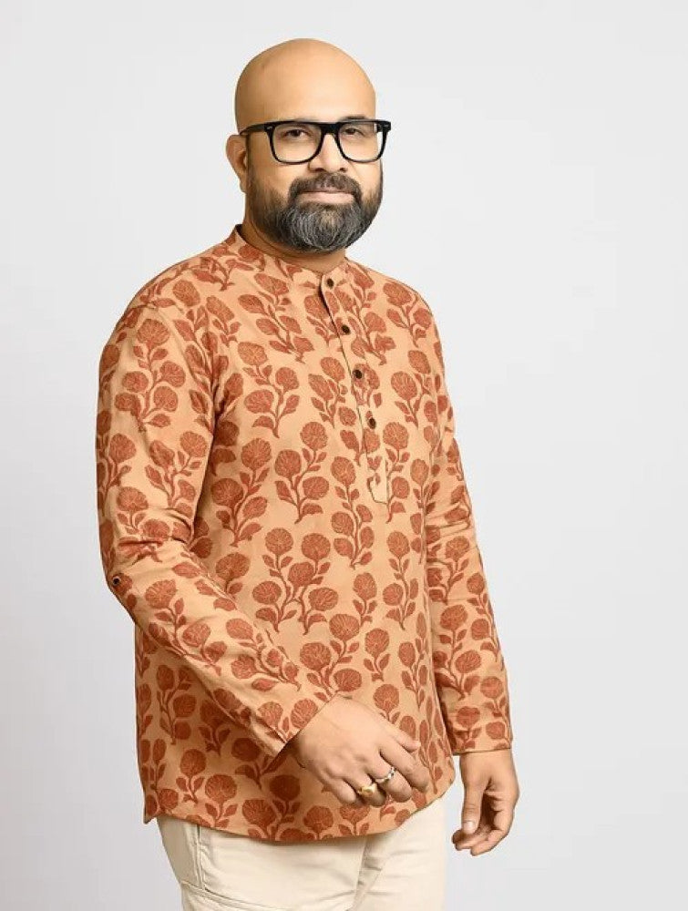 Vanaspati Block Printed Cotton Men's Short Kurta - Orange