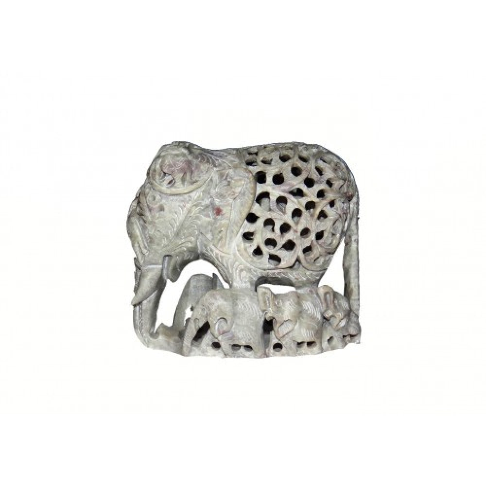Varanasi Soft Stone Jali Work Family Elephant (Baby Elephant Inside) Showpiece
