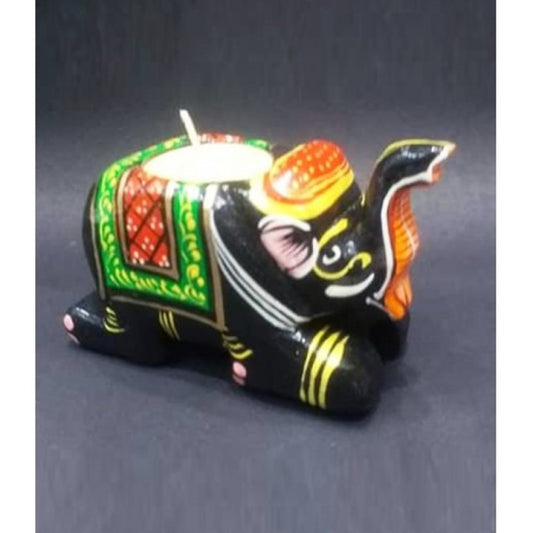Varanasi Wooden Lacquerware Tea Light Candle Holder Black Elephant Design