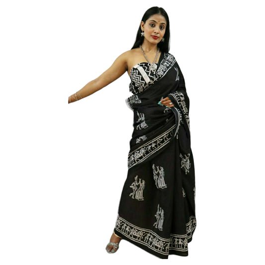 White & Black Bagru Print Saree