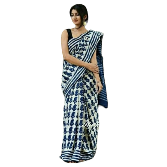 White & Dark Blue Colour Bagru Print Saree