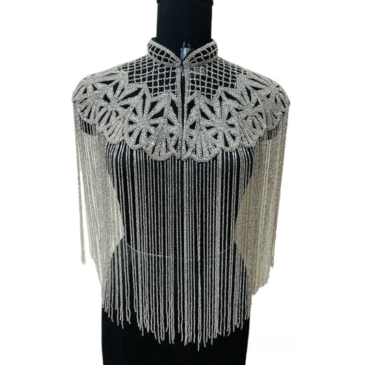 White Silver Beaded Cape Fringe Shoulder Shrug Shawl Pashmina