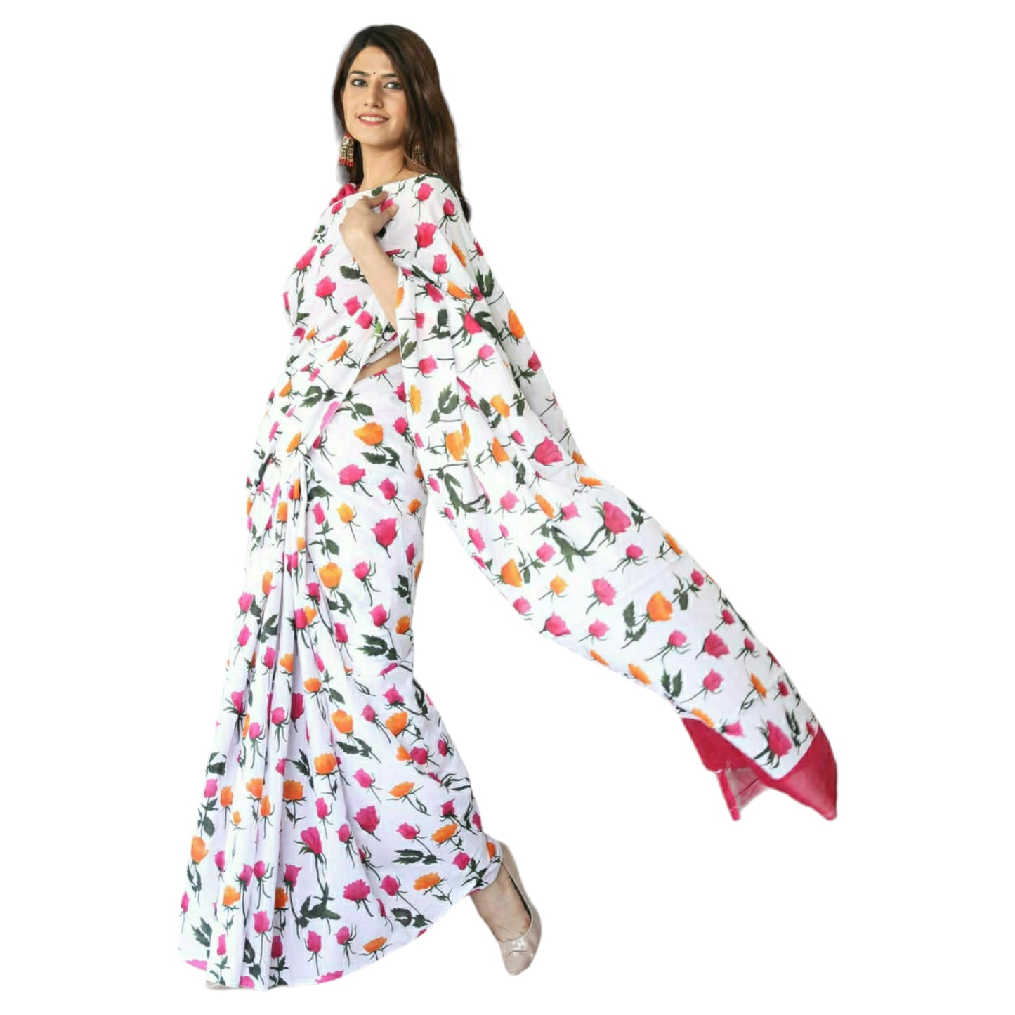 White with yellow & Pink Flowers Bagru Print Saree