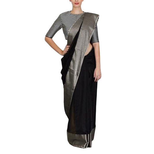 Wide Border Silver And Black Pure Linen Saree