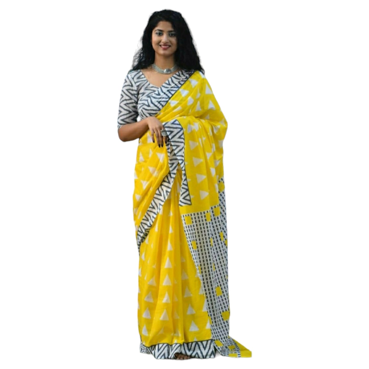 Yellow and Black colour Bagru Print Saree