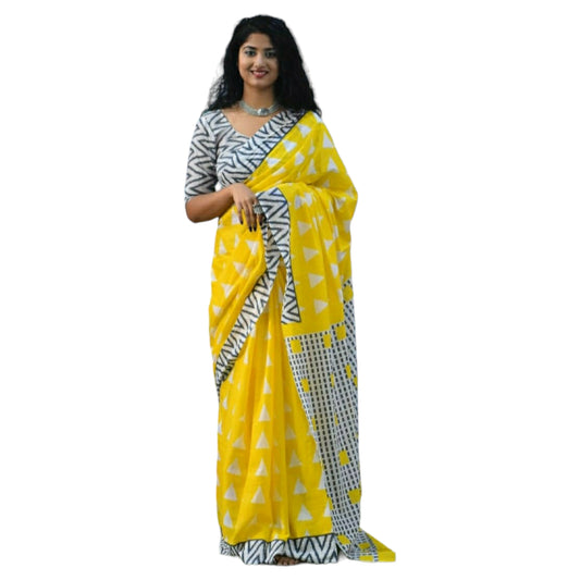 Yellow and Black colour Bagru Print Saree