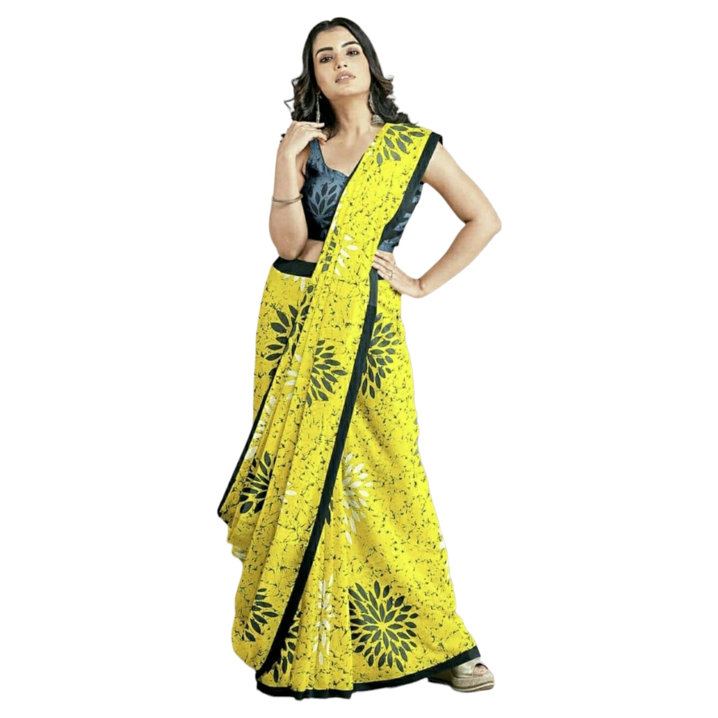 Yellow & Grey Colour Bagru Print Saree