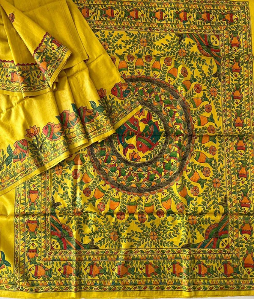 Yellow Madhubani Hand Painted Ghicha Tussar Saree